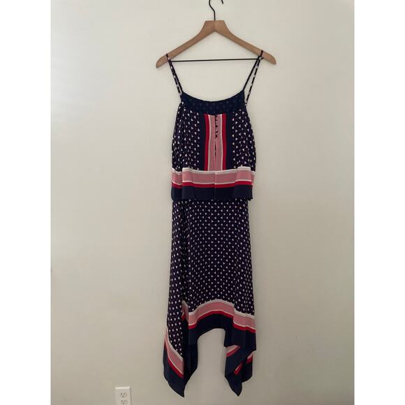 Joie Seia Handkerchief Dress Medium Navy Blue Silk Midi Triangle Print Casual - Picture 7 of 10